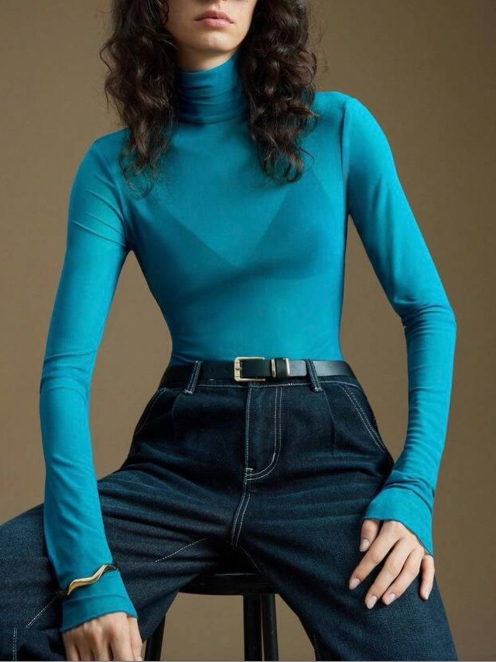 ONTRE Women’s Teal Long-Sleeve Sheer Turtleneck Top